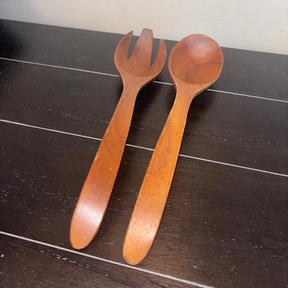 Vintage Mid Century Modern Solid‎ Wood Salad Servers Spoon and Fork Set 12 Inch